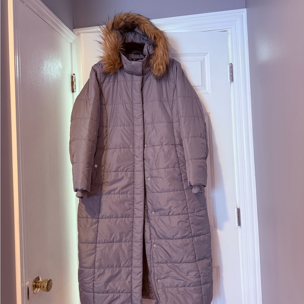 Roaman's Long Quilted Hooded Puffer Coat with Faux Fur Trim - Taupe